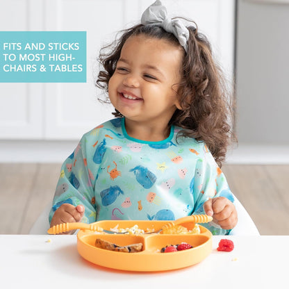 Bumkins Toddler and Baby Suction Plate, Divided Grip Dish for Babies and Kids, Baby Led Weaning, Feeding Supplies, Sticks to Tables and Highchairs, Platinum Silicone, for Chidren 6 Months, Gray