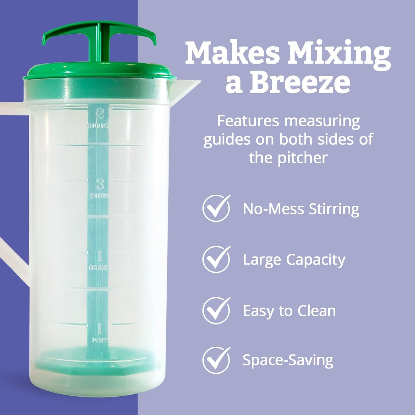 JBK Pottery 2-Quart White Mixing Pitcher with Plunger – BPA-Free Plastic Mixing Jug for Juice, Milk, Tea, Shakes, and More – Dishwasher-Safe, Spill-Proof Lid, Smart Stirring Design