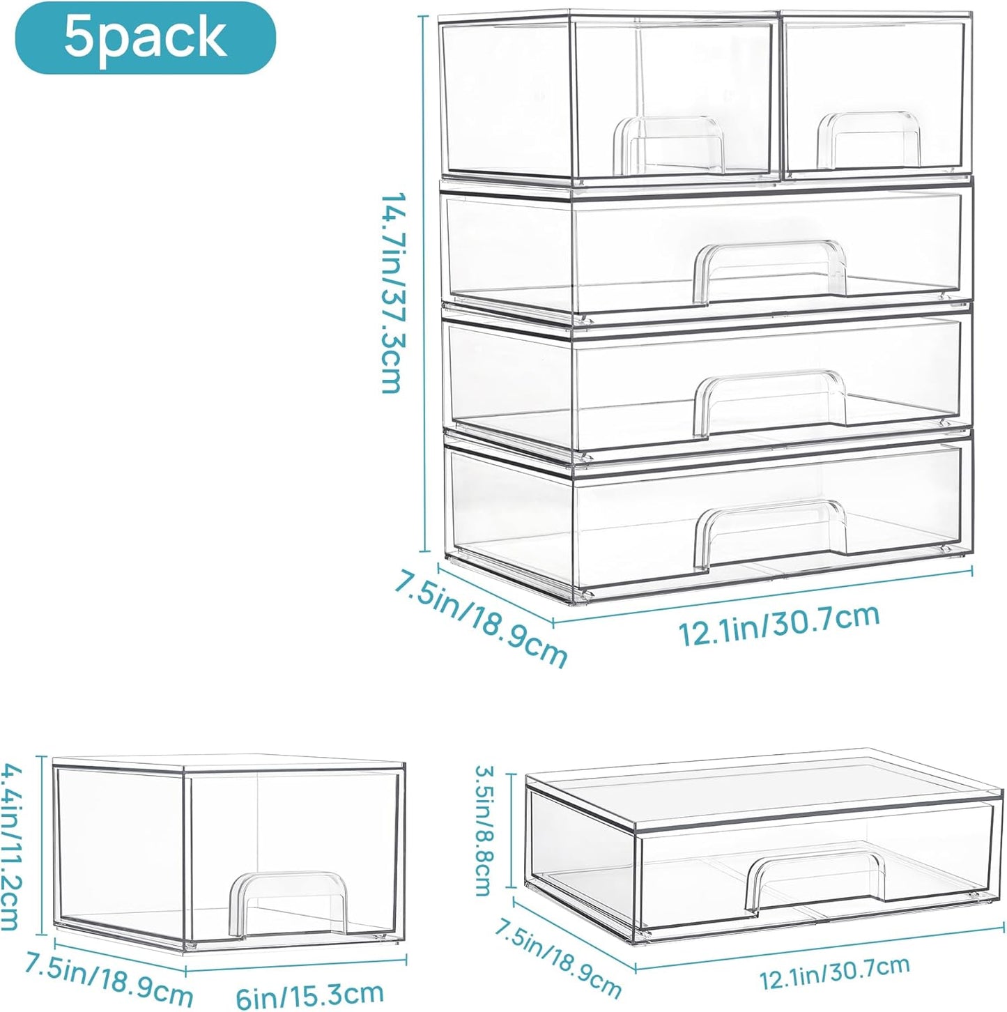 Vtopmart Stackable Storage Drawers Set of 5, Clear Plastic Organizer Bins for Baby Bottle, Beauty Supplies Storage, Ideal for Kichen Countertop, Vanity, Bathroom, Cabinet, Pantry Organization