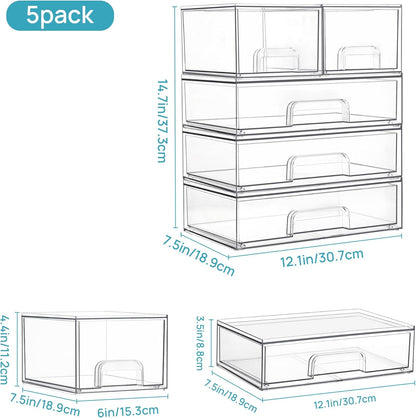 Vtopmart Stackable Storage Drawers Set of 5, Clear Plastic Organizer Bins for Baby Bottle, Beauty Supplies Storage, Ideal for Kichen Countertop, Vanity, Bathroom, Cabinet, Pantry Organization