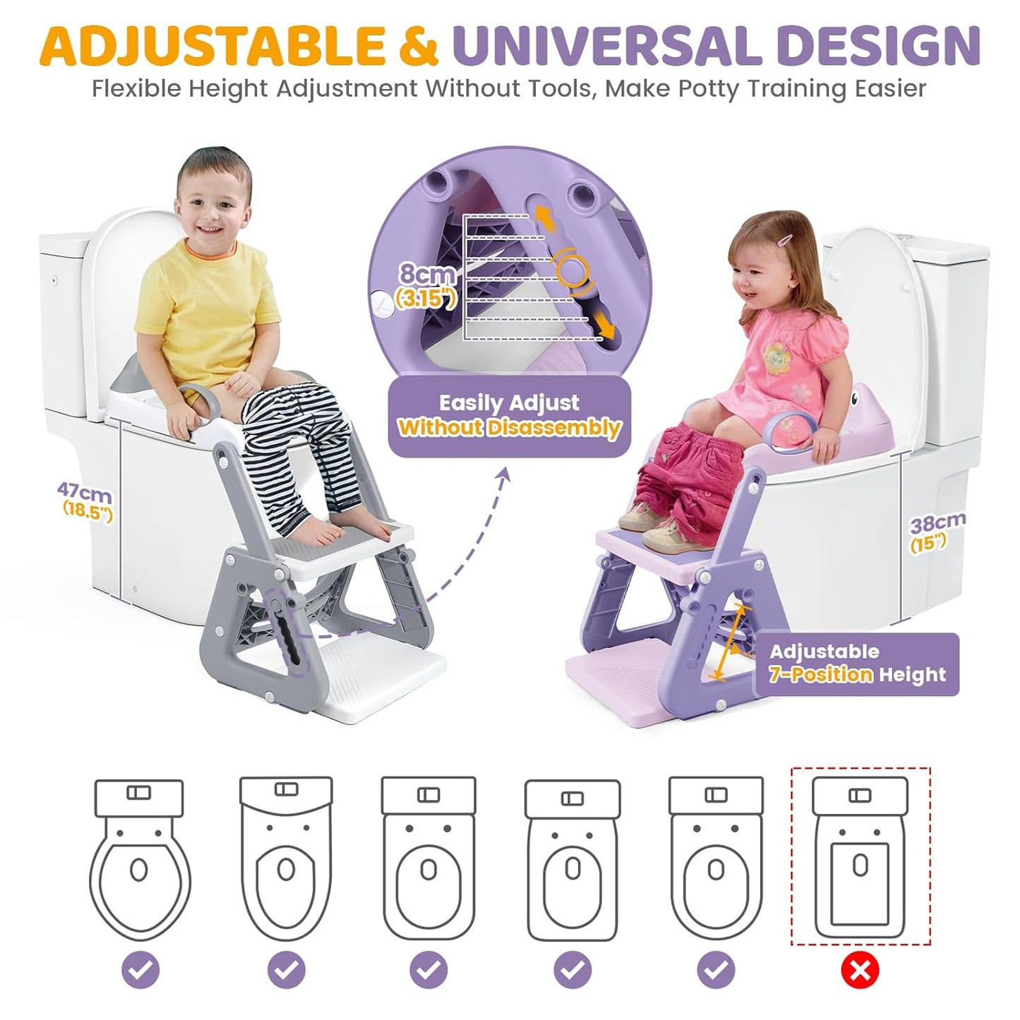 Orzbow Potty Training Seat | Upgrade Toddler Potty Training Toilet with Step Stool, 2-in-1 Stability Toilet Seat for Boys Girls | with Splash Guard, Anti-Slip Pad, Ladder, and Height Adjustable, Pink