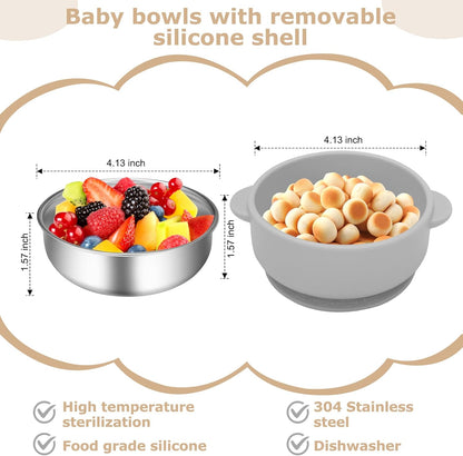 2 Pack Stainless Steel Baby Bowls with Removable Non-Slip Silicone Suction Shell and Lids, Anti Scald Food Container for Baby Food Feeding-Gray & Cream