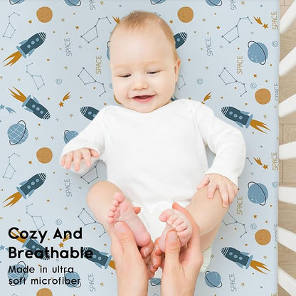 Yoofoss Baby Crib Sheets for Boys Girls, Fitted Crib Sheet 2 Pack for Standard Crib and Toddler Mattress, Super Soft Microfiber Baby Sheet 28x52x8in(Blue Rocket)
