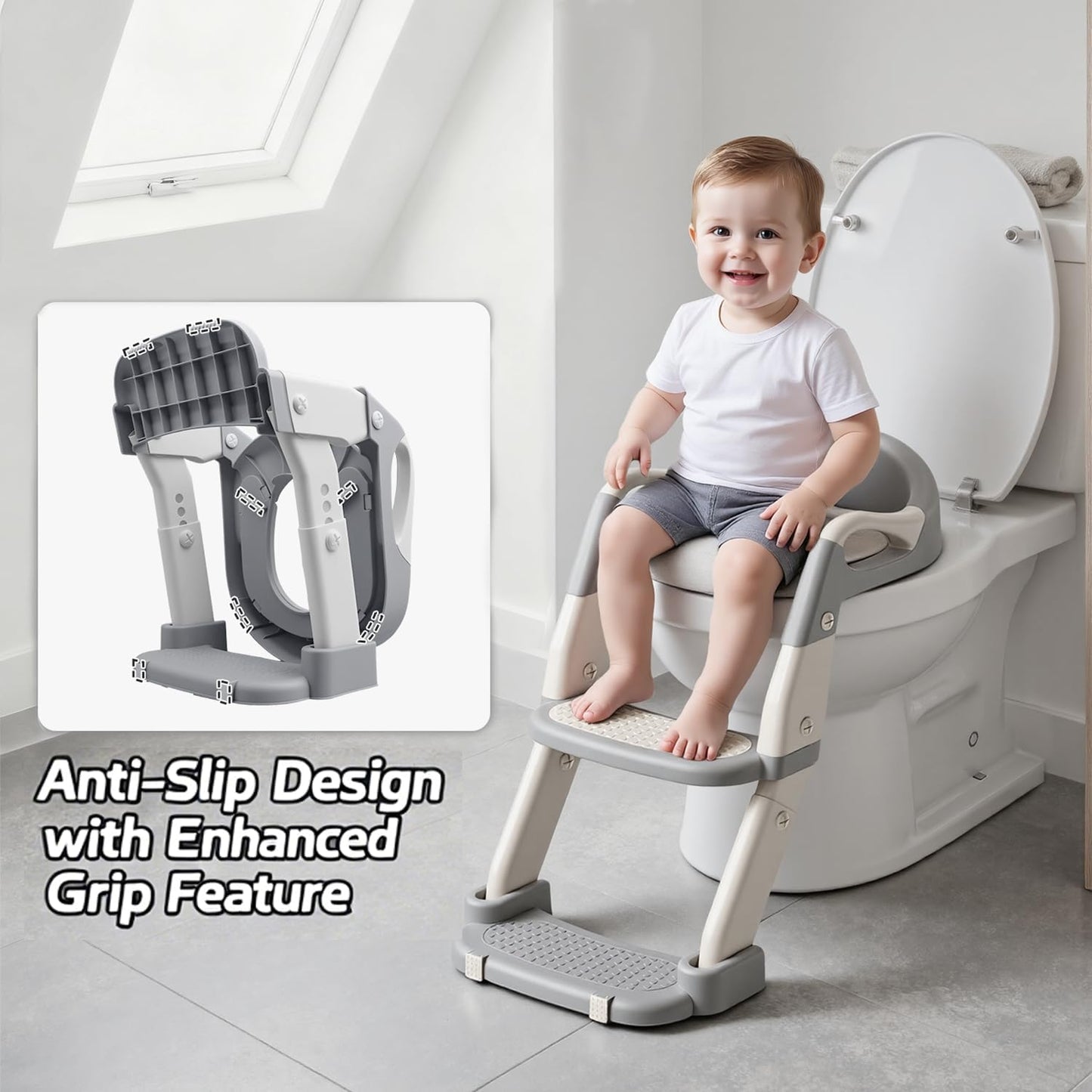 Snugzy Toddler Potty Training Seat 3-in-1 Foldable Potty Training Toilet with Step Stool Adjustable Potty Chair with Urinals (Grey)
