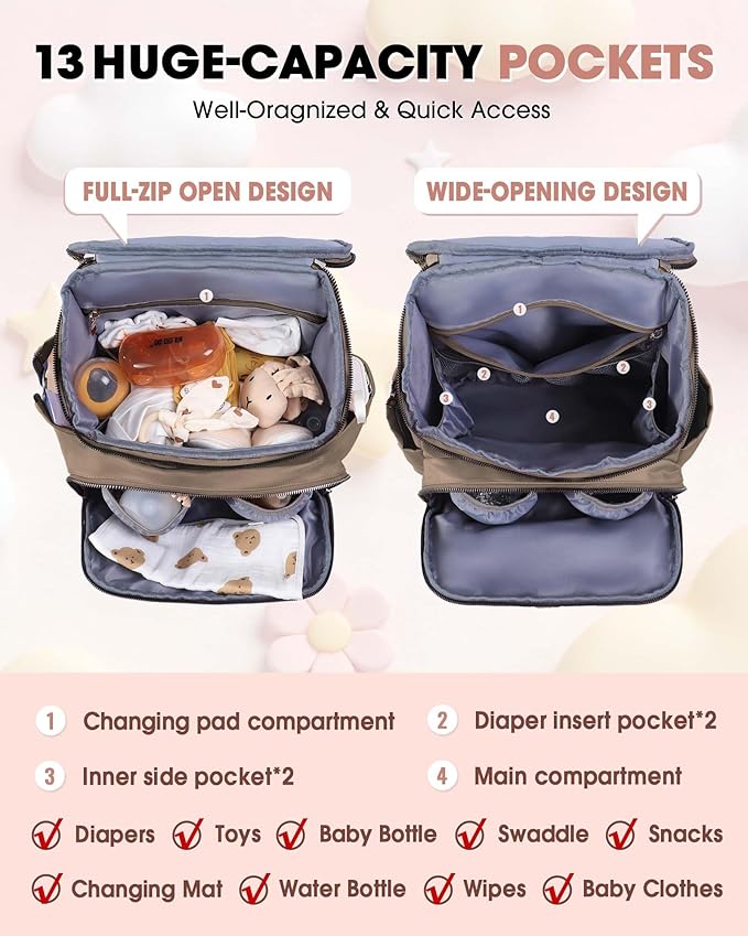Diaper Bag Backpack, Large Baby Bag for Girl Boy, Travel Diaper Backpack with Insulated Pocket, Cute Diaper Bag Stroller Straps, Baby Shower & Registry Gift for Mom Dad Beige