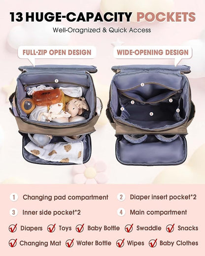 Diaper Bag Backpack, Large Baby Bag for Girl Boy, Travel Diaper Backpack with Insulated Pocket, Cute Diaper Bag Stroller Straps, Baby Shower & Registry Gift for Mom Dad Beige