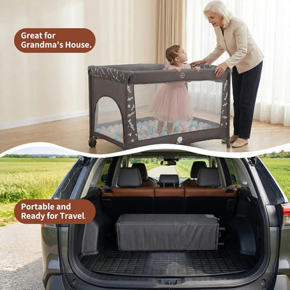 Babilous Pack and Play, Baby Bassinet with Wheels, Foldable Baby Playard for Travel, Easy Carry Bedside Bassinet, Mini Pack n Play with Comfortable Mattress & Compact Space Saving Design, Grey