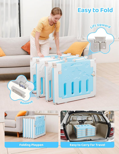 Baby Playpen, Dripex Baby Playard for Babies and Toddlers, 14-Panel Foldable Playpen Adjustable Portable Play Area, Indoor/Outdoor Kids Active Center with Game Panel & Safety Gate, Grey White