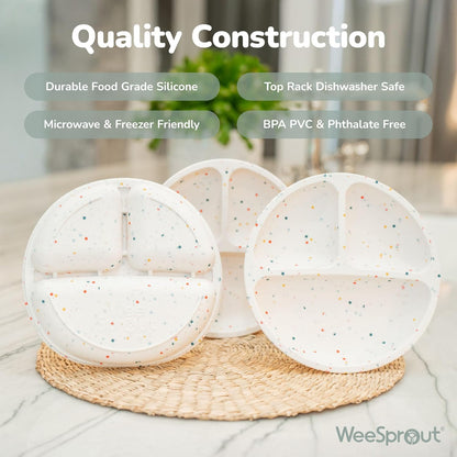 WeeSprout Silicone Plates with Lids for Babies & Toddlers (3 Pack) 100% Food-Grade Dishes for Self Feeding, Divided Design & Raised Edges for Picky Eaters, Dishwasher & Microwave Safe Weaning Supplies
