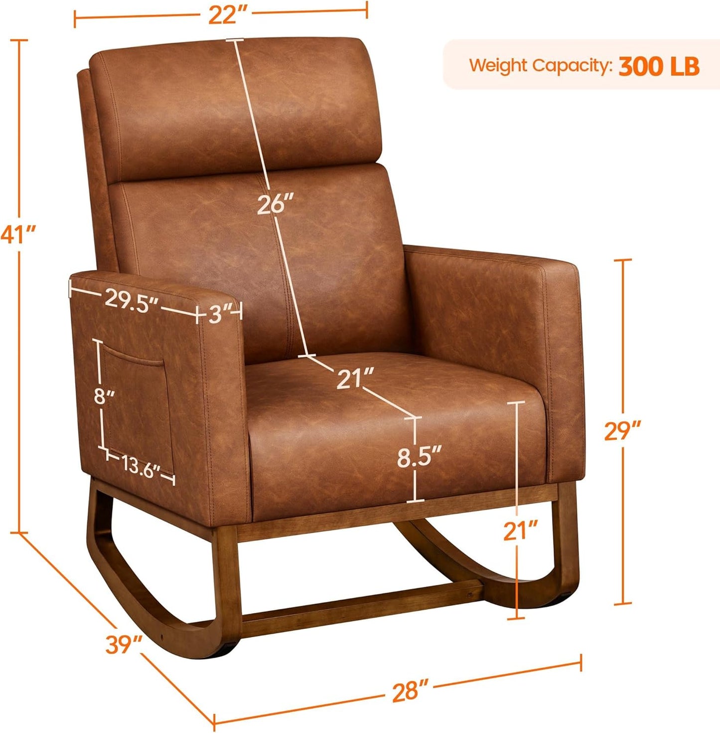 Topeakmart Nursery Rocking Chair, PU Leather Modern Accent Chair with Wood Legs Side Pocket Armchair Glider Rocker for Nursery Living Room Bedroom Lounge, Brown