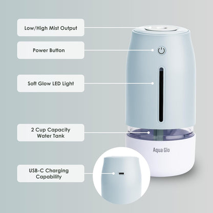 Aqua Glo Personal, Portable Humidifiers for Bedroom – Ultrasonic Cool Mist Humidifier with Built In Rechargeable Battery. Air Humidifier for Baby, Plants, Home, Office, Travel. Lavender