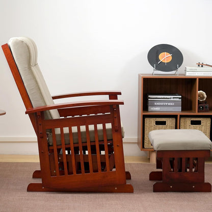 Rustic Rubber Wood Glider and Ottoman Set, Nursery Glider Chair for Breastfeeding and Relaxing, Comfortable Rocking Chair for Living Room and Bedroom（Tan）