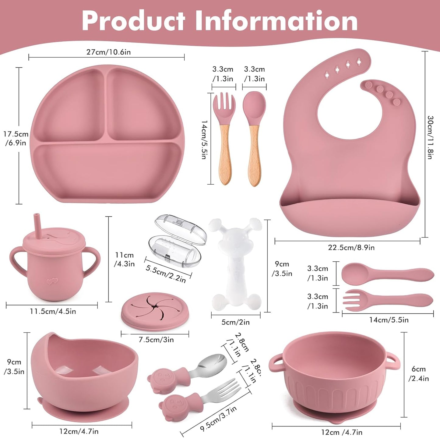 Silicone Baby Feeding Set 15 Pcs，Baby Spoons Suction Bowl Divided Plate Bib Cup Finger Brush Training cups,Baby Led Weaning Supplies,Baby Plates，Toddler Feeding Plates and Bowls Set（purple）