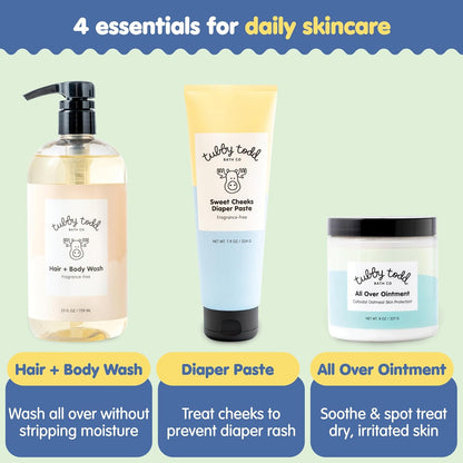 TUBBY TODD Baby Bundle Newborn Skin Care Set - Hypoallergenic Hair + Body Wash, All Over Ointment with Colloidal Oatmeal, Sweet Cheeks Diaper Paste - Fragrance Free, Standard Size