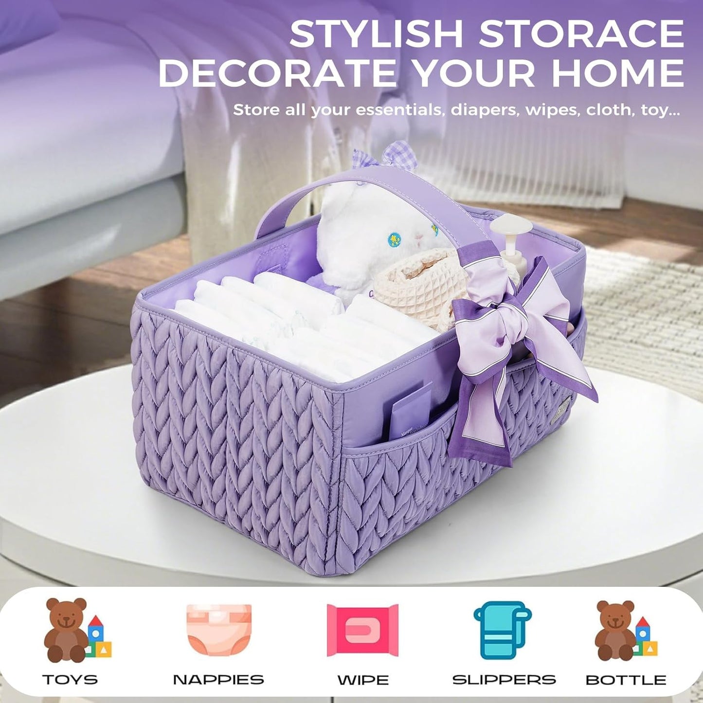 Luxurious Baby Diaper Caddy, Nursery Storage Basket for Newborn Essentials, Travel Baby Basket for Diapers Baby Wipes, Organizer Tote Bag Storage Bin, Baby Shower Gifts(Beige)