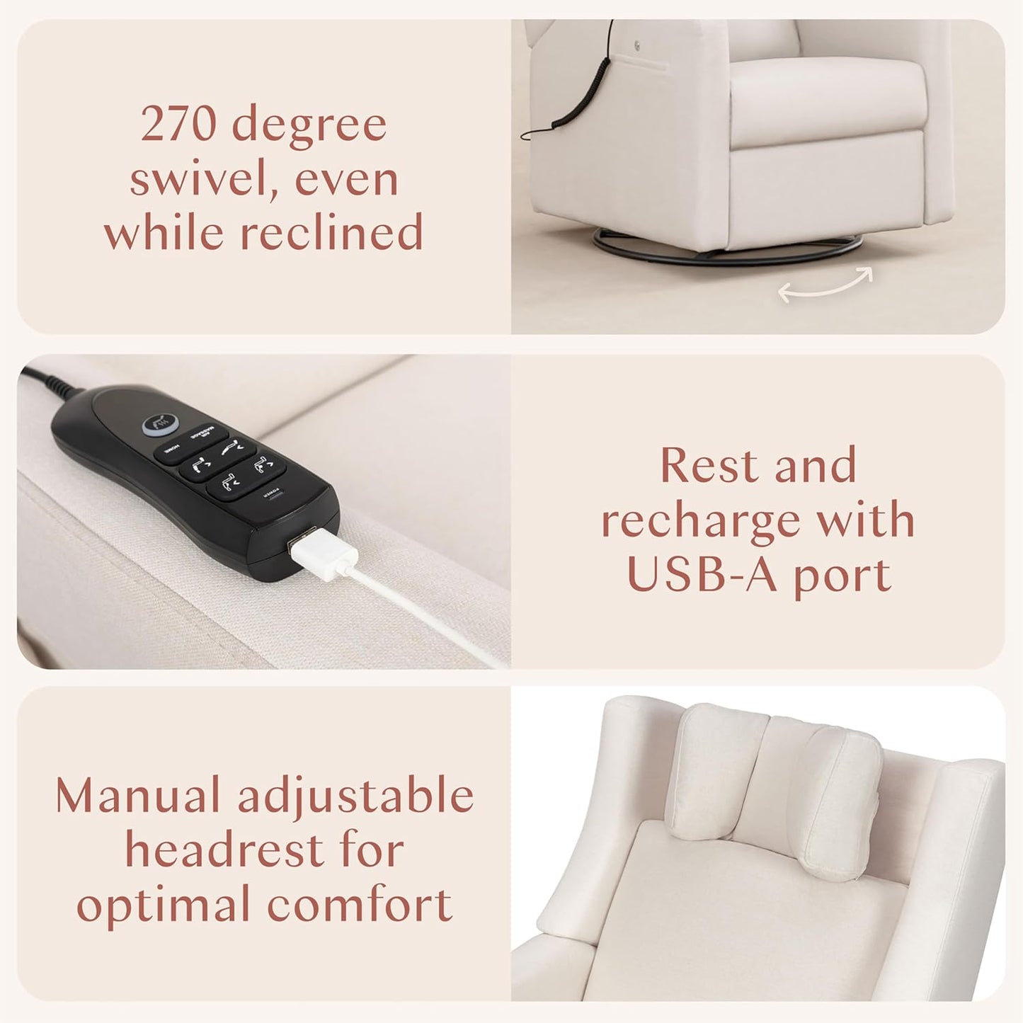 Babyletto Kiwi Deluxe Power Recliner and Swivel Glider with Heat and Massage in Almond Teddy Loop, Built-in USB Charging Port, Adjustable Headrest, Greenguard Gold, FSC and CertiPUR-US Certified