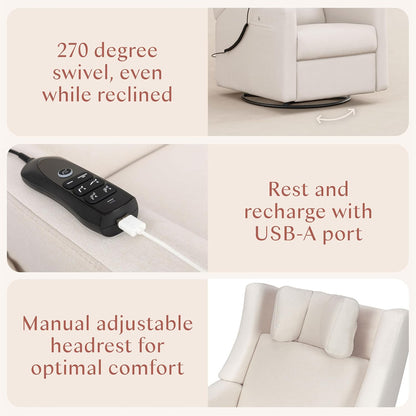 Babyletto Kiwi Deluxe Power Recliner and Swivel Glider with Heat and Massage in Almond Teddy Loop, Built-in USB Charging Port, Adjustable Headrest, Greenguard Gold, FSC and CertiPUR-US Certified