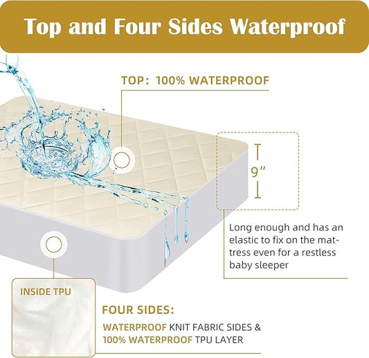 Organic Crib Mattress Protector - Top&Side Waterproof, 100% Waterproof Crib Mattress Protector, Breathable Cotton Toddler Mattress Protector, Baby Crib Mattress Cover Fitted 52x28x9 in
