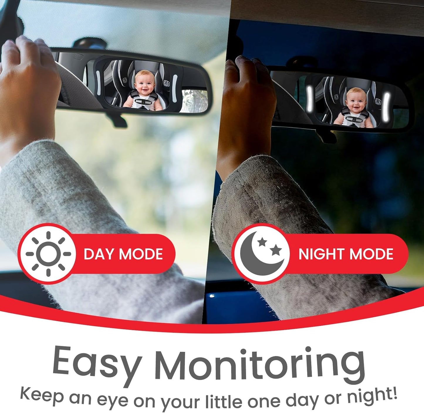 Baby Car Mirror with LED Light & Remote Control - Night Vision Rear Facing Car Seat Mirror, Adjustable Shatterproof Safety Mirrors for Backseat Infant, Universal Fit for Cars, SUVs (Black)