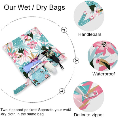 visesunny Contour Lines White Abstract Flower Pink Pattern 2Pcs Wet Bag with Zippered Pockets Washable Reusable Roomy for Travel,Beach,Pool,Daycare,Stroller,Diapers,Dirty Gym Clothes, Wet Swimsuits, T