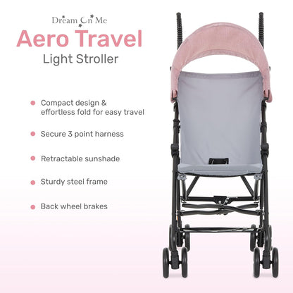 Dream On Me Aero Travel Umbrella Stroller, One-Hand Quick Fold, 3-Point Safety Harness, Dual Brakes, Adjustable Removable Canopy, Lightweight Compact & Space-Saving for Infants and Toddlers – Black