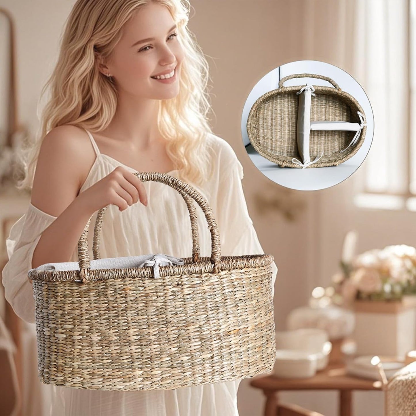 Premium Wicker Baby Diaper Caddy Organizer, Woven Seagrass Basket with Handles, Diaper Basket with Dividers (Seagrass)