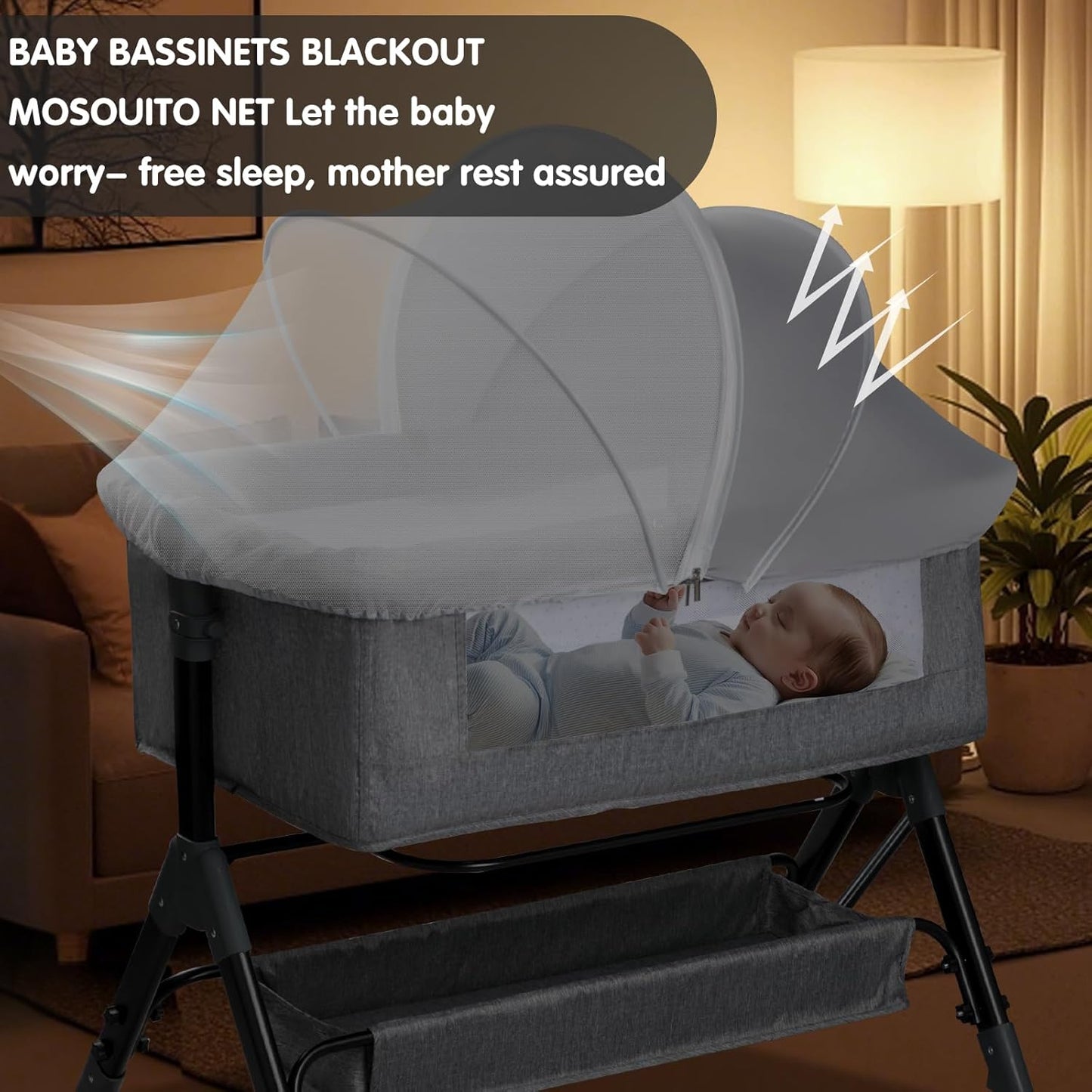 Bassinet Mosquito Net Cover - Half-Blackout Mosquito Net for Baby Crib & Bedside Sleeper, Breathable Crib net with 2-Way Zipper, Sun-Blocking Baby Mosquito Net Cover (Gray-Small)