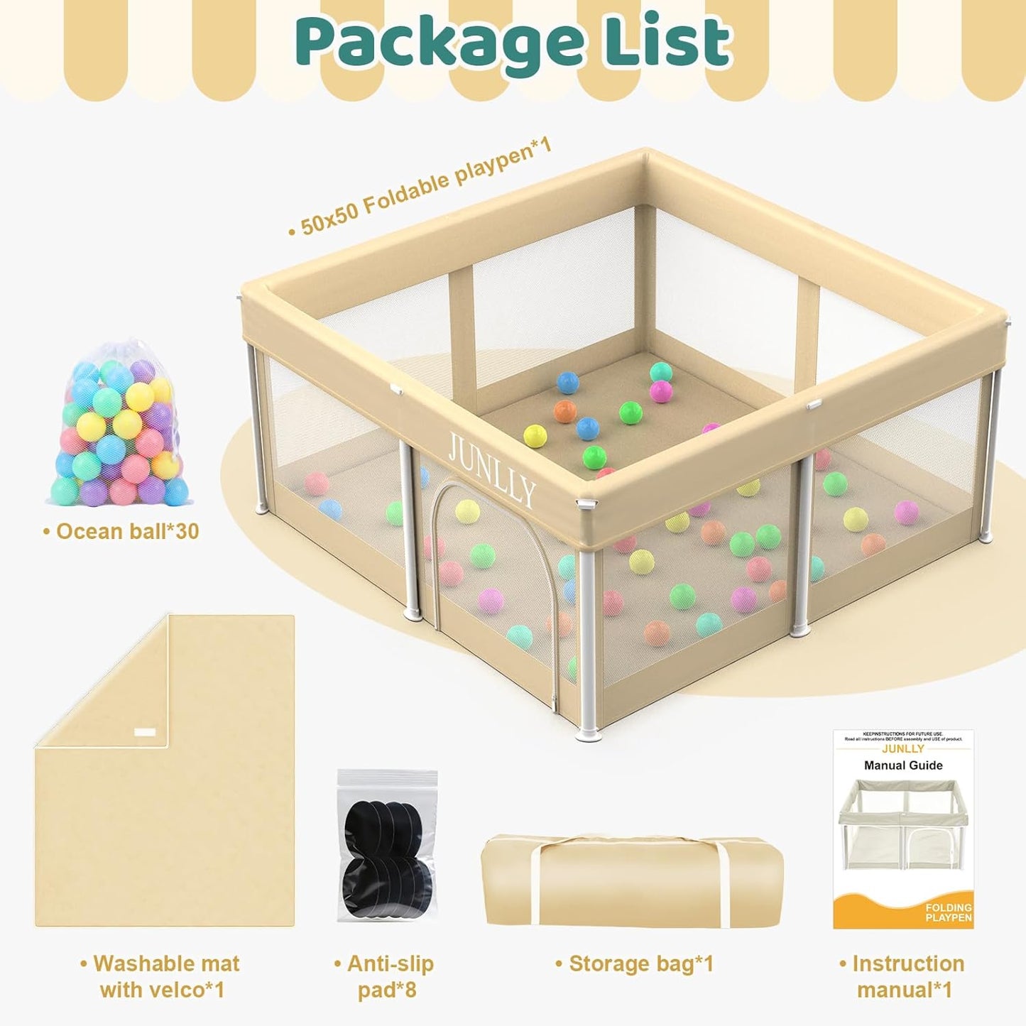 Foldable Playpen for Babies and Toddlers - 50x50 Inches Playpen with Mat - Kids Collapsible Playard with Storage Bag for Indoor & Outdoor - Baby Fence with 30 Ball & Gate - Khaki