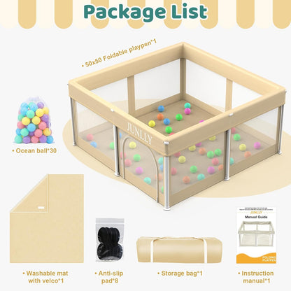 Foldable Playpen for Babies and Toddlers - 50x50 Inches Playpen with Mat - Kids Collapsible Playard with Storage Bag for Indoor & Outdoor - Baby Fence with 30 Ball & Gate - Khaki