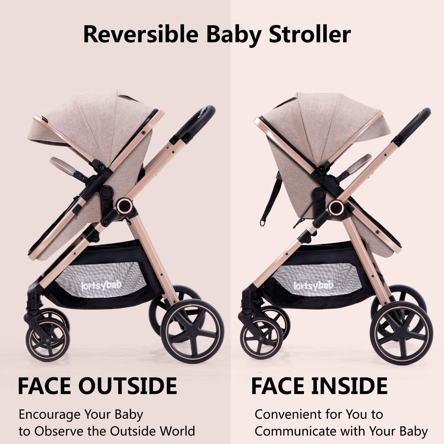 Lortsybab 2-in-1 Baby Stroller - Folding Infant Newborn Pram Stroller with Reversible Seat - Toddler Strollers for 0-36 Months Old Babies (Pink)