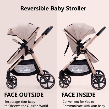 Lortsybab 2-in-1 Baby Stroller - Folding Infant Newborn Pram Stroller with Reversible Seat - Toddler Strollers for 0-36 Months Old Babies (Pink)