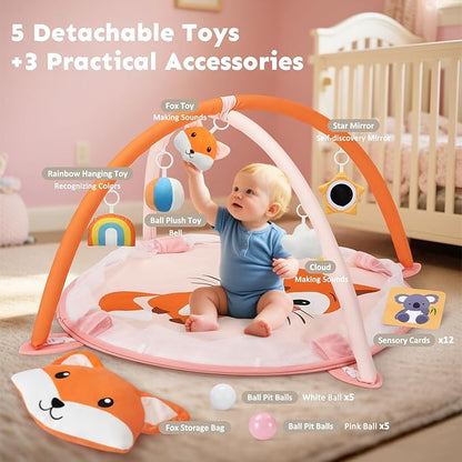 7-in-1 XL Large Baby Play Gym Mat, Tummy Time Mat, Baby Gym & Ball Pit, Baby Activity Mat with Milestone Cards & 6 Detachable Toys for Sensory Motor Skill, Fox