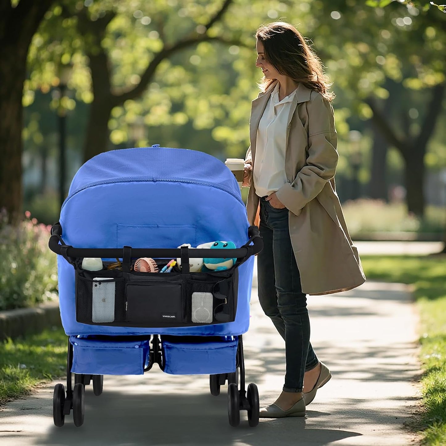 Double Stroller Organizer Universal with 2 Insulated Cup Holders & Cooler Bag, Large Storage Parent Console for Bob Duallie, Baby Jogger City Mini GT2