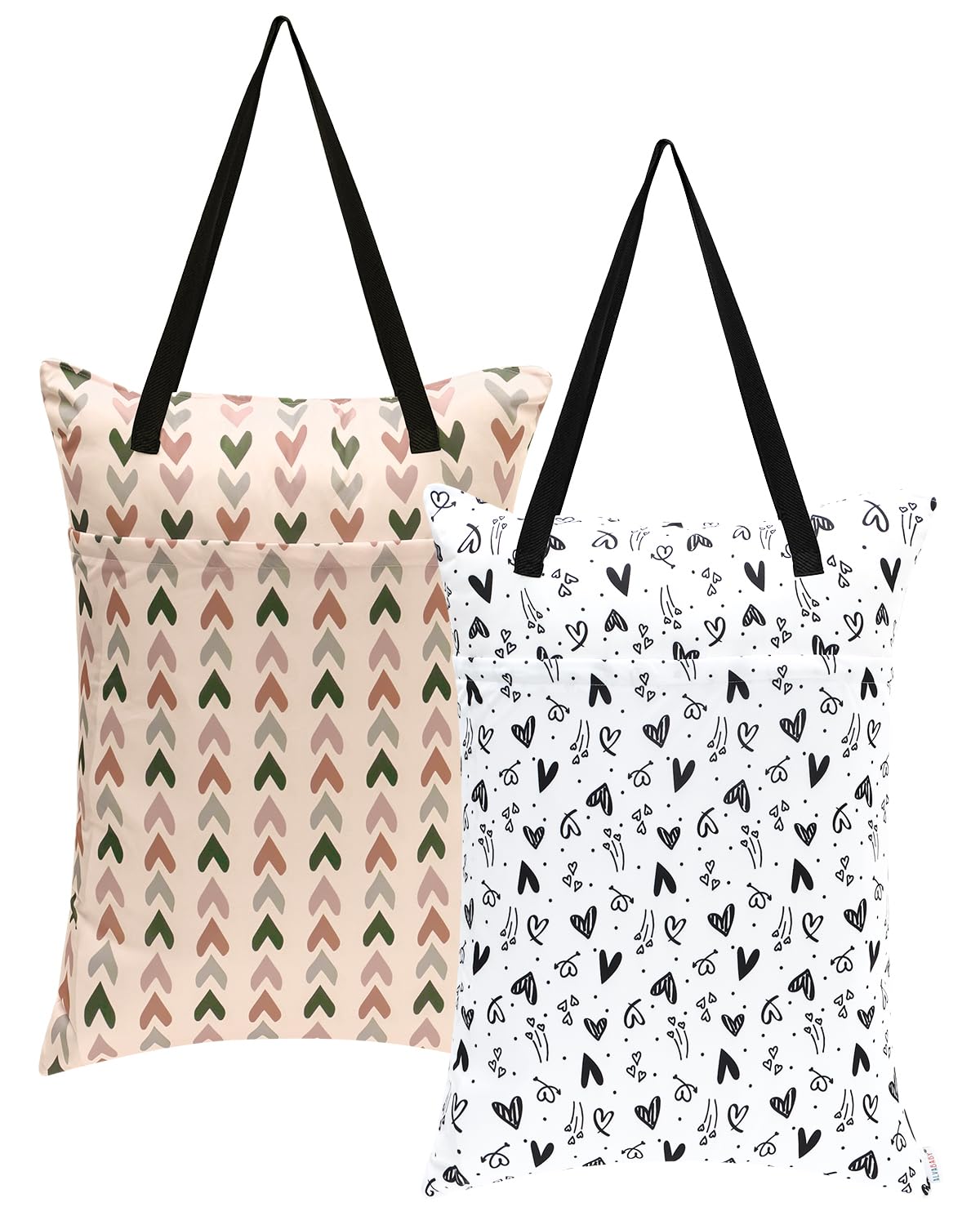 ALVABABY 2 Pack Large Wet Dry Bag Waterproof Hanging Cloth Diaper with Double Zippered Pockets 25x18 inches (Feather & Stripe)