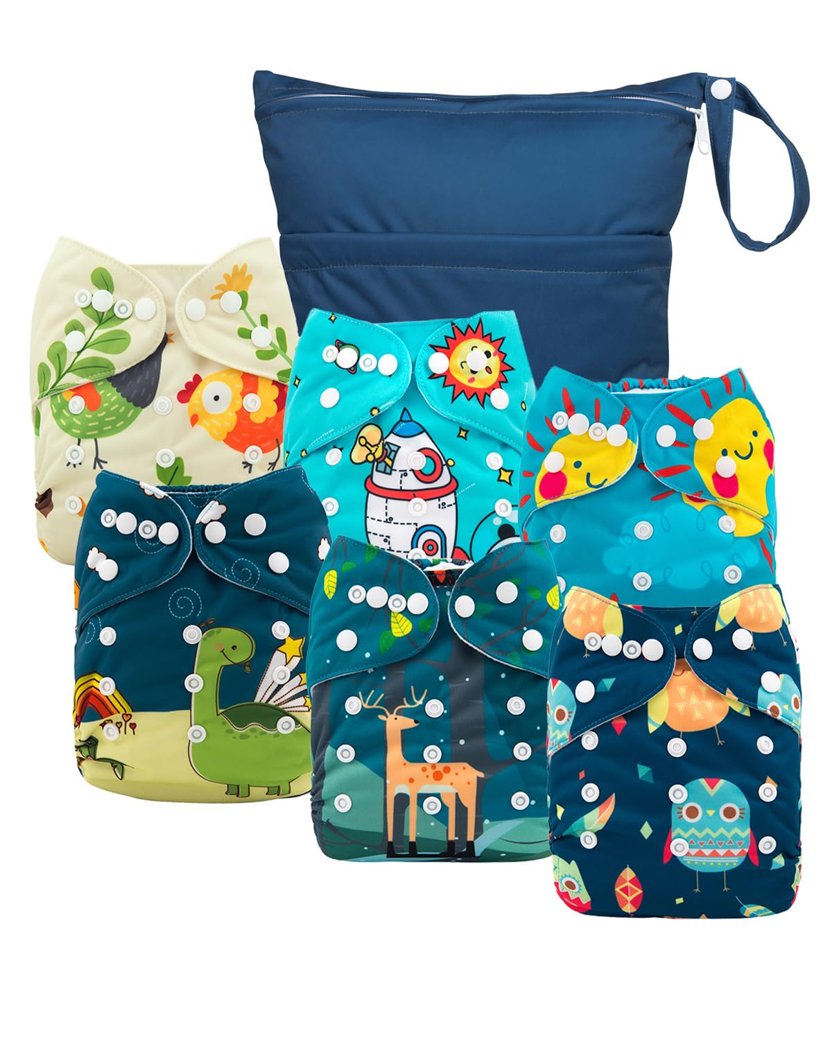 babygoal Cloth Diaper Covers 6 Pack with Wet Bag for Fitted Diapers and Prefolds with Double Gussets, Adjustable and Reusable for Baby Boys and Girls
