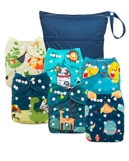 babygoal Cloth Diaper Covers 6 Pack with Wet Bag for Fitted Diapers and Prefolds with Double Gussets, Adjustable and Reusable for Baby Boys and Girls
