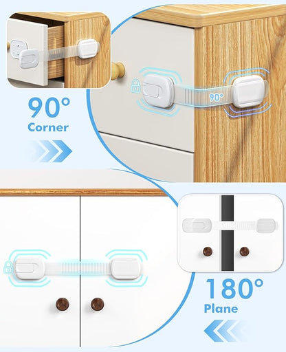 12 Pack Cabinet Locks Baby Proofing, Child Proof Cabinet Locks with 3M Adhesive - Easy Installation with Adjustable Straps, Multi-Purpose Child Safety Latches for Drawers Fridge Trash Cans Toilets