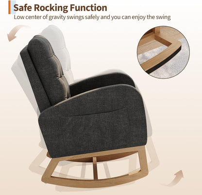 Modern Rocking Chair for Living Room, Comfortable Recliner Rocker with Side Pocket, Soft Linen Upholstered Glider Chair for Bedroom, Nursery, Lounge-Grey