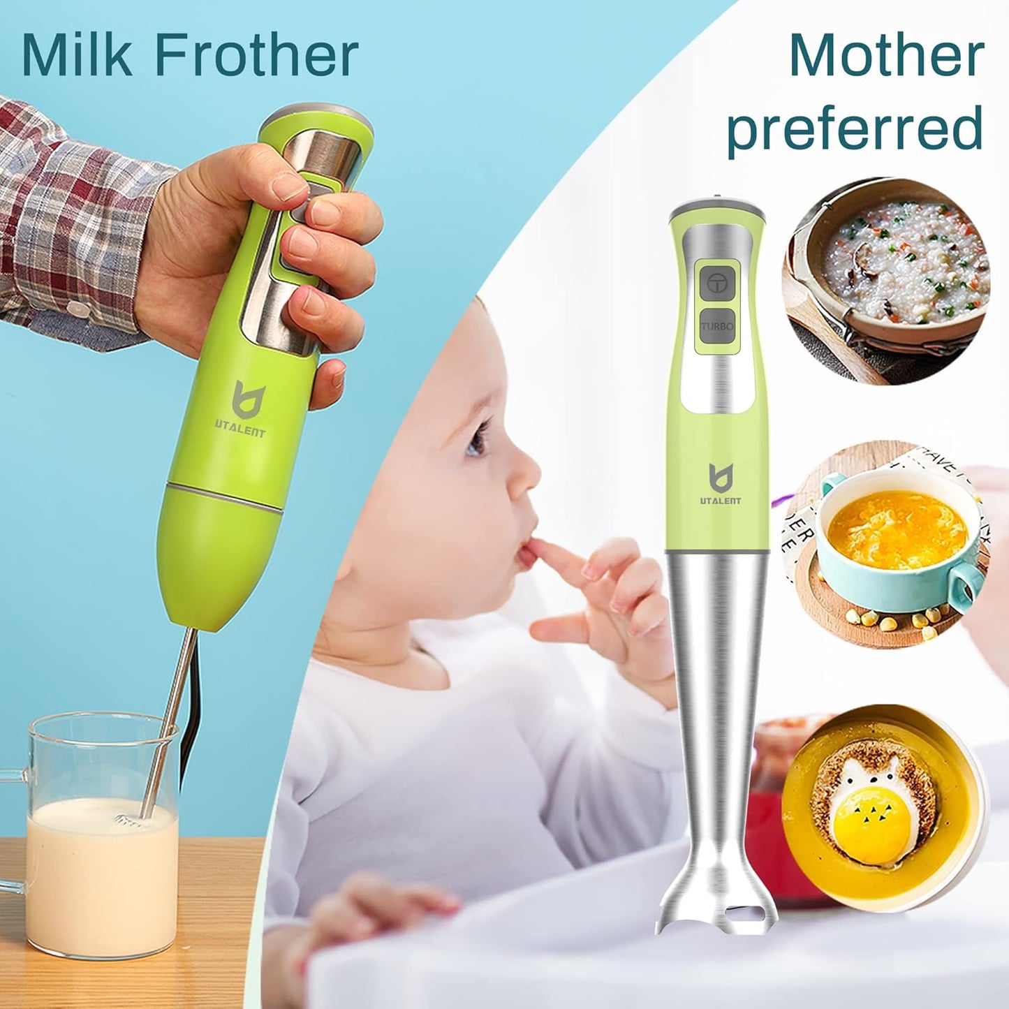 Immersion Hand Blender, UTALENT 5-in-1 8-Speed Stick Blender with 500ml Food Grinder, BPA-Free, 600ml Container,Milk Frother,Egg Whisk,Puree Infant Food, Smoothies, Sauces and Soups - Green