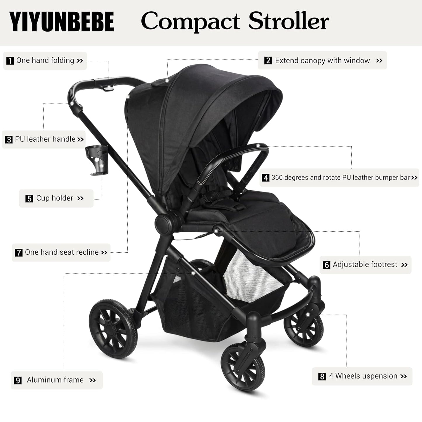 Lightweight High-View Baby Stroller, One-Hand Fold & Compact Storage, Convertible Seat, 5-Point Safety Harness, Foldable Infant Stroller, Grey
