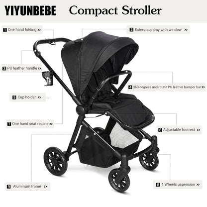 Lightweight High-View Baby Stroller, One-Hand Fold & Compact Storage, Convertible Seat, 5-Point Safety Harness, Foldable Infant Stroller, Grey