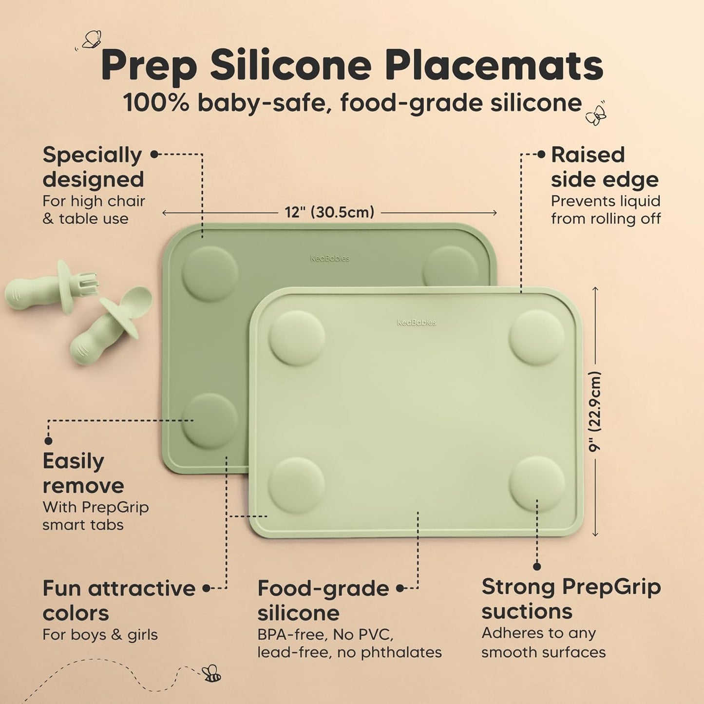 KeaBabies 2pk Silicone Placemats for Toddlers, Kids - 12x9 Non Slip Suction Baby Silicone Placemat for Restaurants, Dining Table,Travel, Easy to Clean, Food Grade/BPA-Free,Small Baby Table Mat(Slate)
