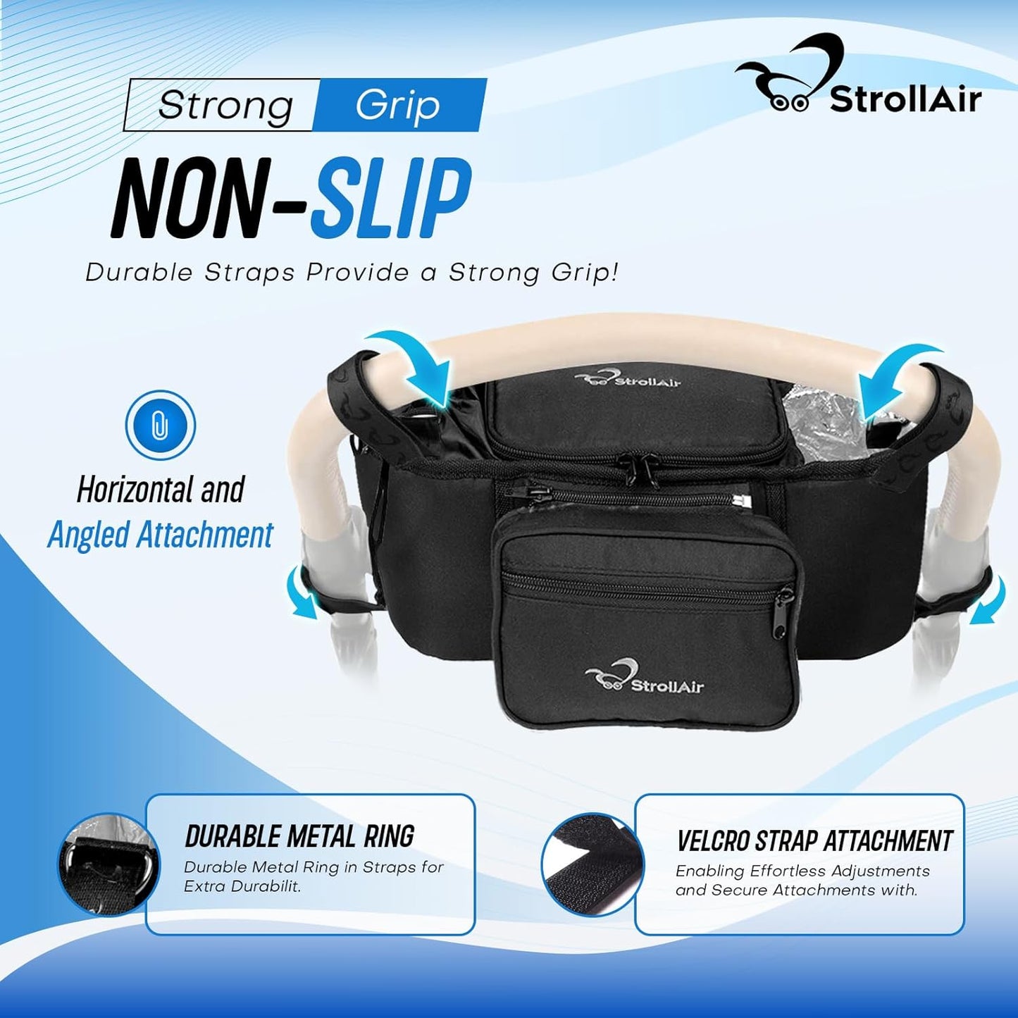 StrollAir Universal Stroller Organizer with Insulated Cup Holder, Stroller Caddy Compatible with Cosmos, Solo, Nuna, Baby Jogger, Bumbleride, Uppababy, Parent Drink Holder Stroller Accessories (Black)