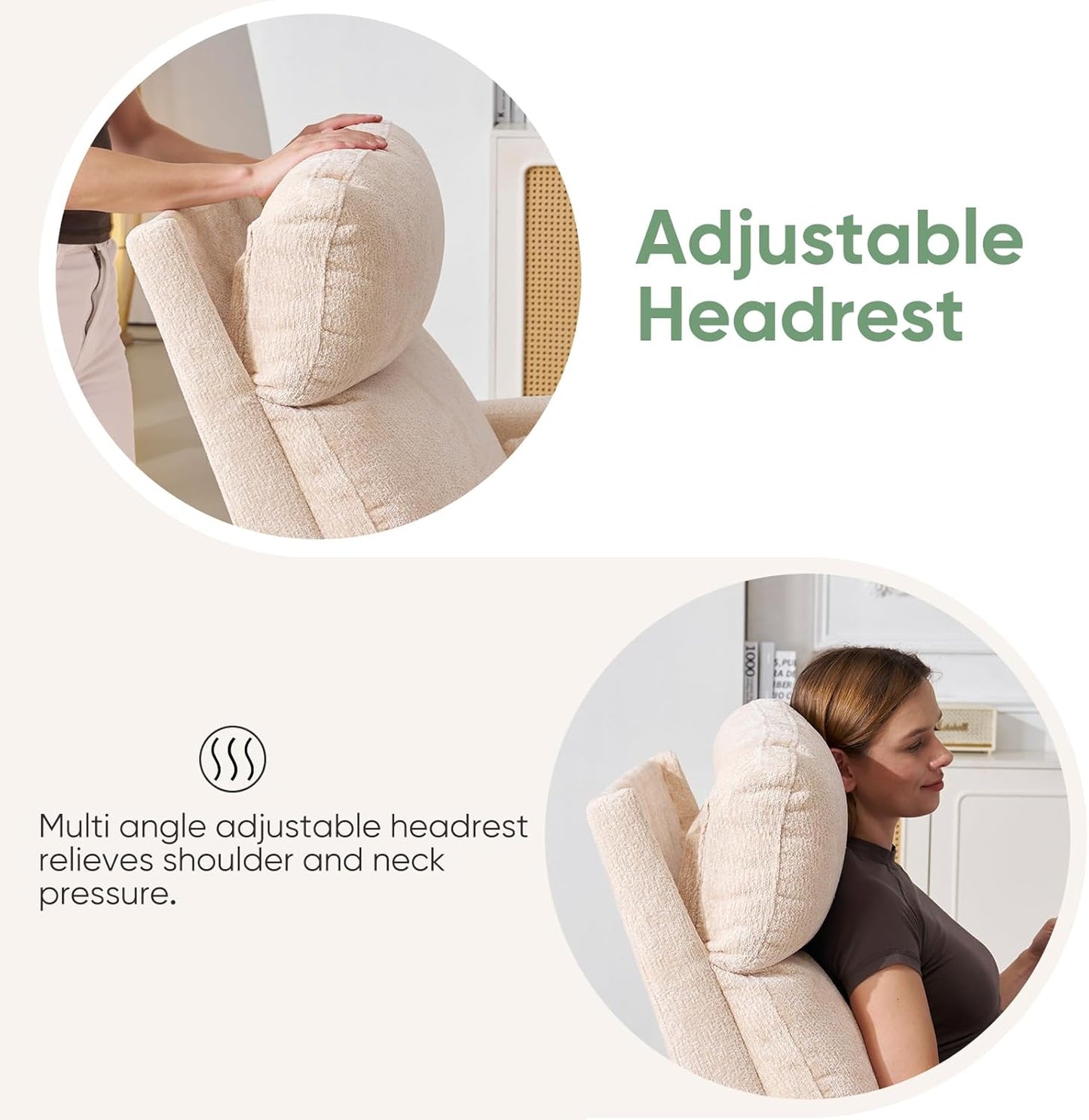 Oversized Swivel Rocker Recliner Chair with Heat and Massage, Rocking Chair with Adjustable Headrest, Manual Recliner, Glider Recliner with 2 Pillows, Chenille White