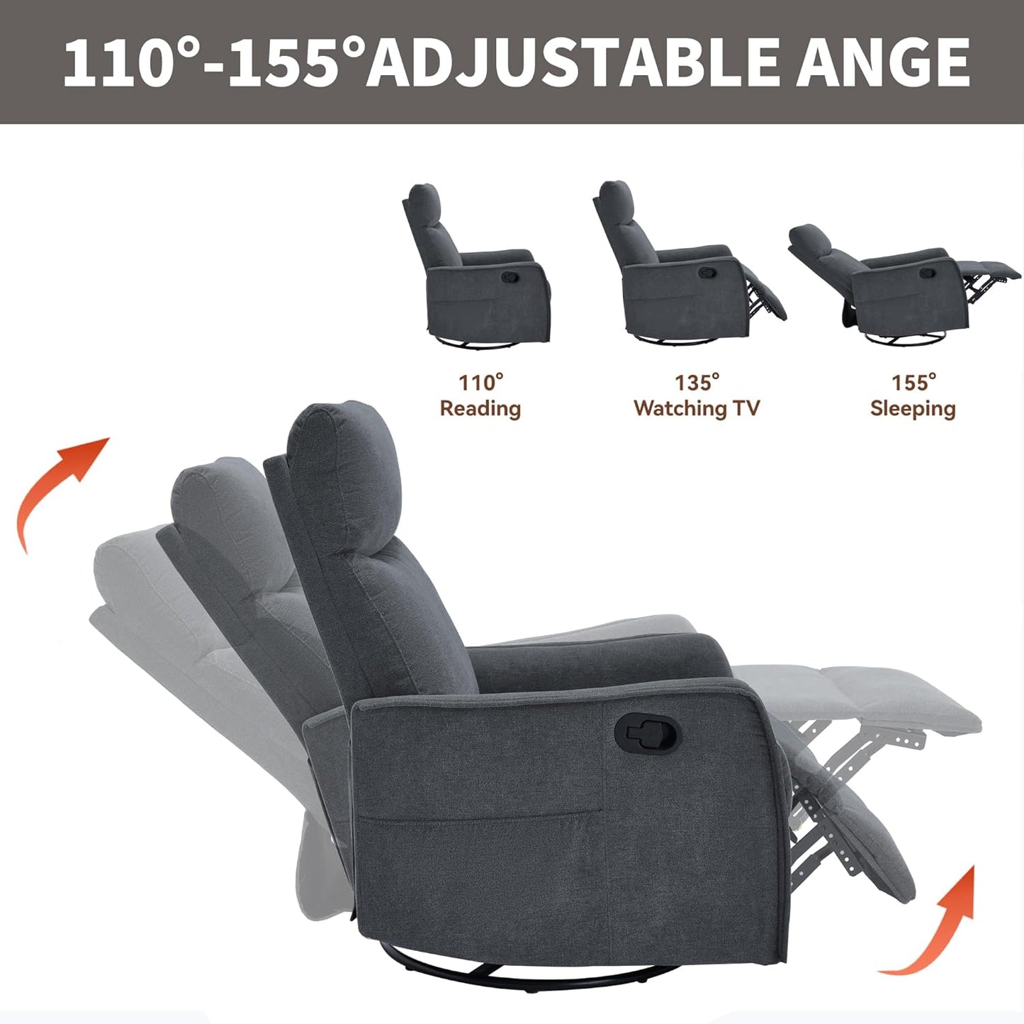 Swivel Rocker Recliner Chair for Adults, Nursery Rocking Chair with Heat and Massage, Glider Reclining Chair for Small Space Living Room Bedroom, Faux Leather Black