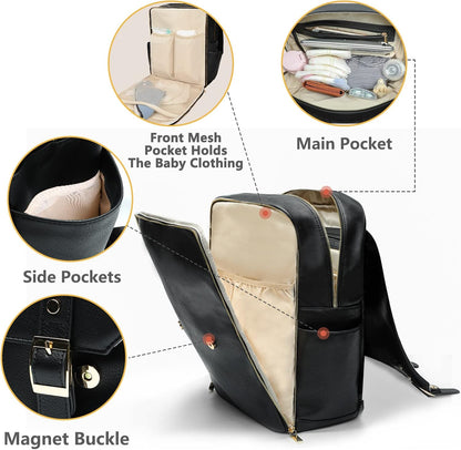 miss fong Diaper Bag Backpack Baby Diaper Bag for baby boy and girls, Leather Baby Bag with 13 diaper bag organizing pouches, Changing Pad, Stroller Straps and 4 Insulated Pockets(Black)