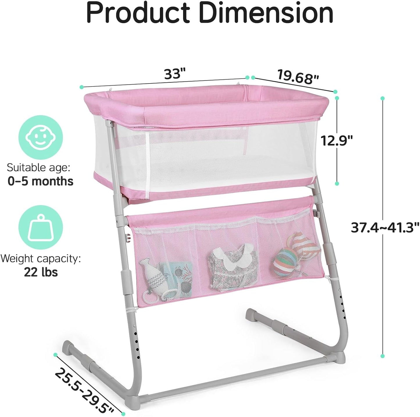 Cowiewie Bassinet Bedside Sleeper,Baby Bassinet Slides Over Bed,5-Position Height Adjustment & Breathable All-Mesh Wall Bedside Bassinet for Baby,Space-Saving Bedside Crib, Height(37.4-41.3") (Beige)