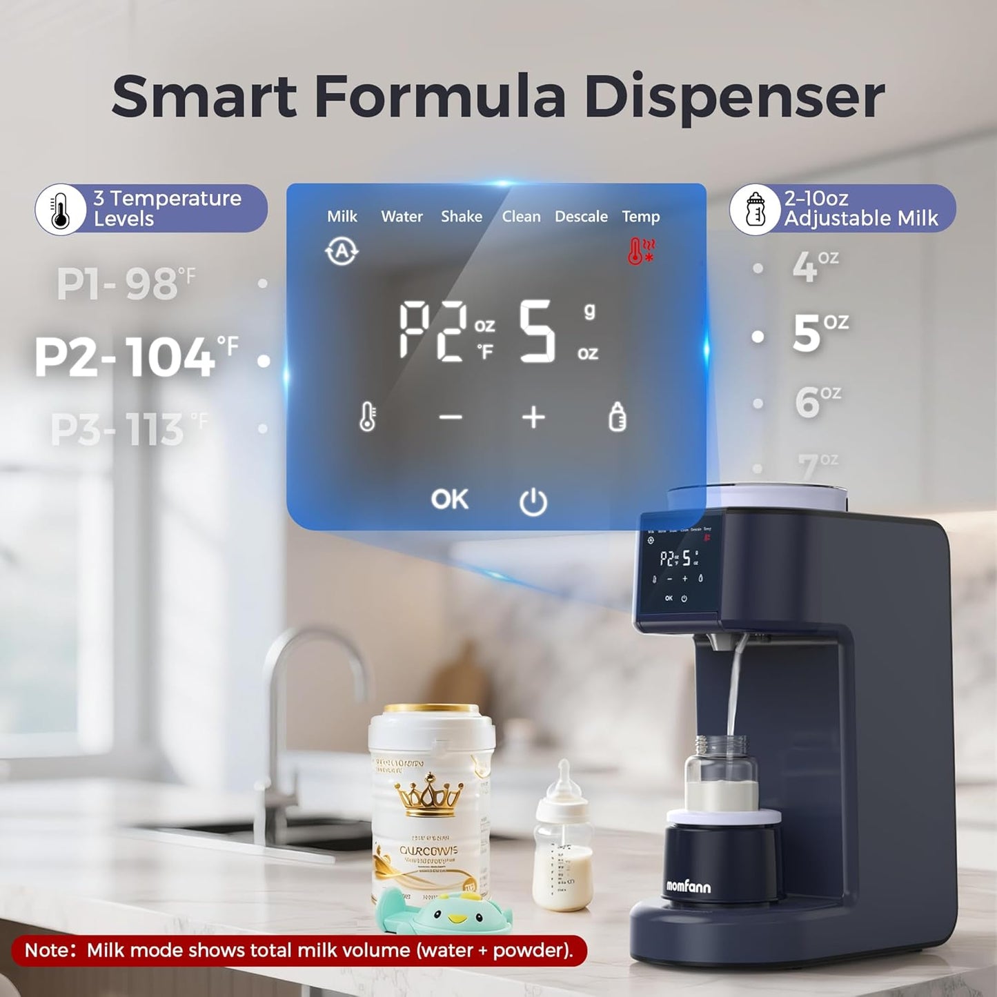 MOMFANN Automatic Baby Formula Maker – Fast Formula Dispenser for Instantly Mixing Warm Bottles with Precise Powder & Water Ratio, 3 Temp Settings, One-Touch Clean, Fits Most Bottles & Formula Brands