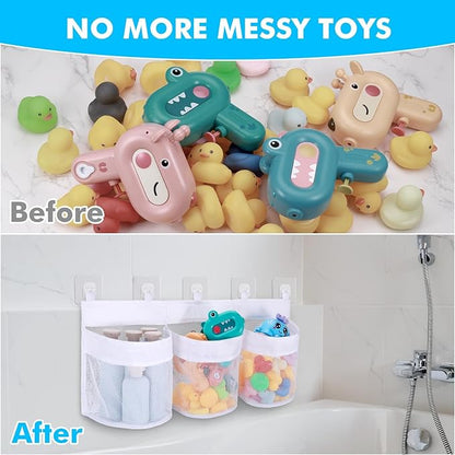 Bath Toy Storage Organizer, 3 Compartment Bath Toy Holder for Tubs, Large Capacity & Quick-Drying Mesh - 5 Strong Adhesive Hooks for Easy Access