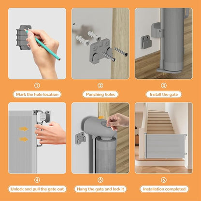 Retractable Mesh Baby Gate for Large Openings - 34" Tall Extends to 71", Stair Gate with Anti-Crawling Hook and Adjustable Baseboard Bracket, Baby Gate for Stairs, Doorways, Gray